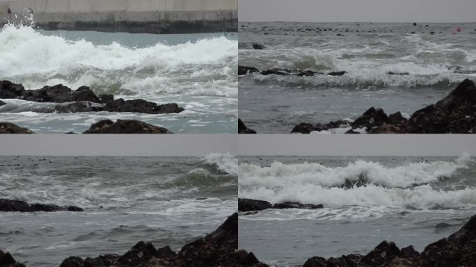 海水海面海平线渔船海鸥海浪礁石大浪浪涛