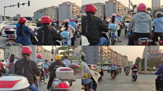 红绿灯摩托车人群等红绿灯通过马路