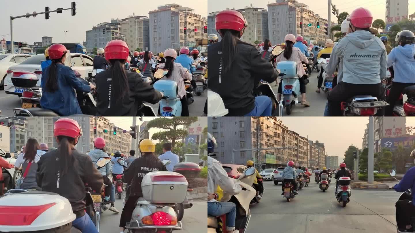 红绿灯摩托车人群等红绿灯通过马路
