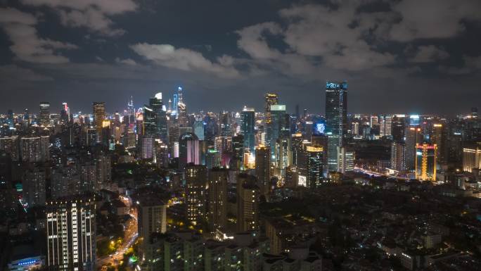 上海静安区现代商务楼夜景航拍延时