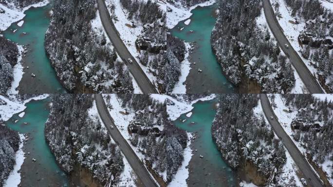 汽车行驶在下雪天帕隆藏布江河谷的川藏公路