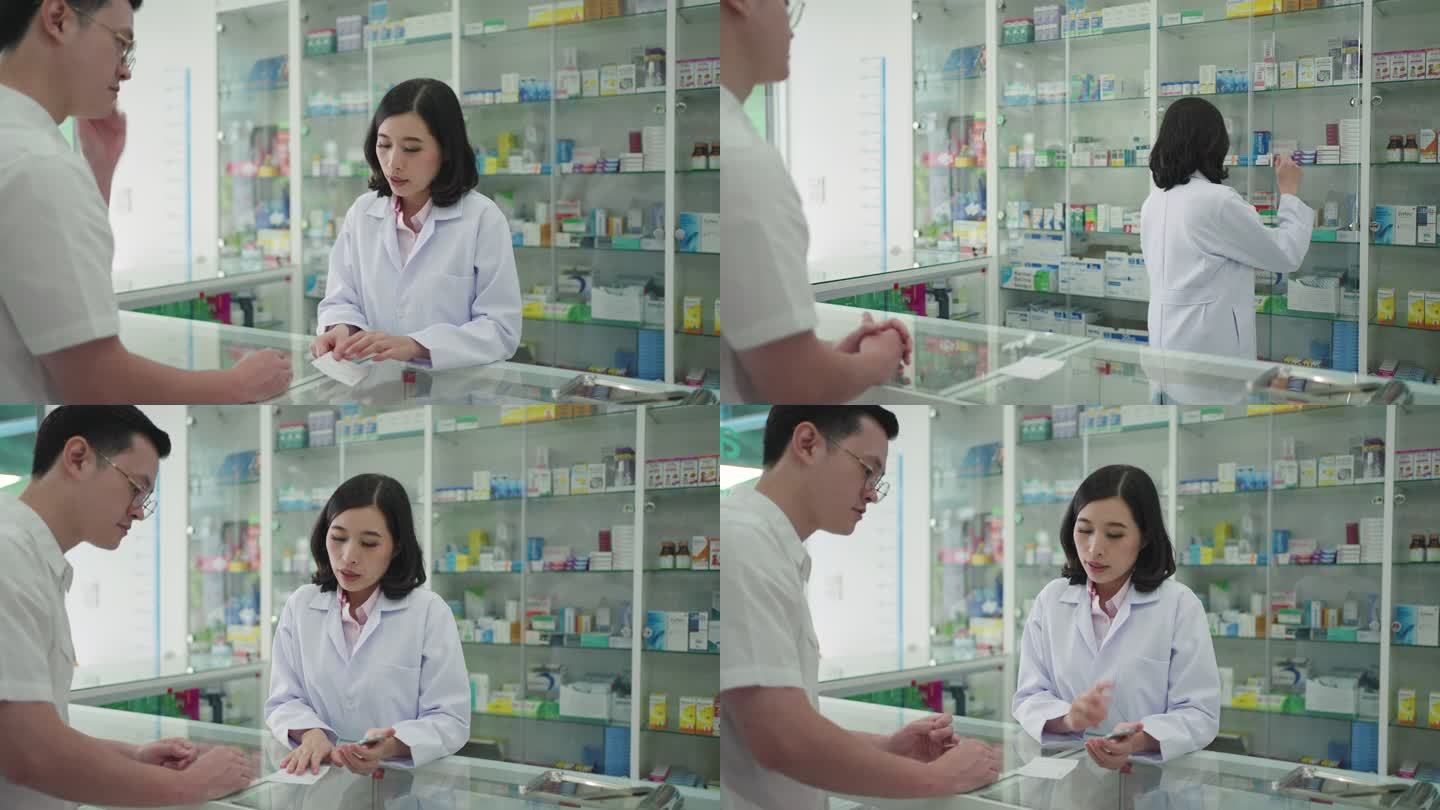 自信的亚洲年轻女药剂师，带着可爱友好的微笑，在药店向顾客解释胶囊药。医学、药剂学、保健和人的概念