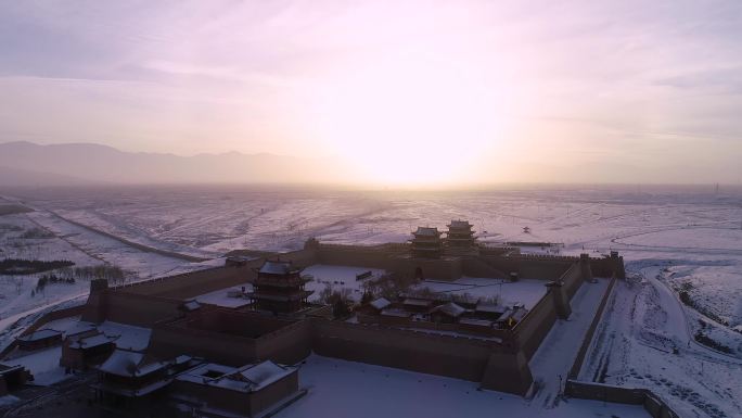 航拍雪后甘肃嘉峪关长城