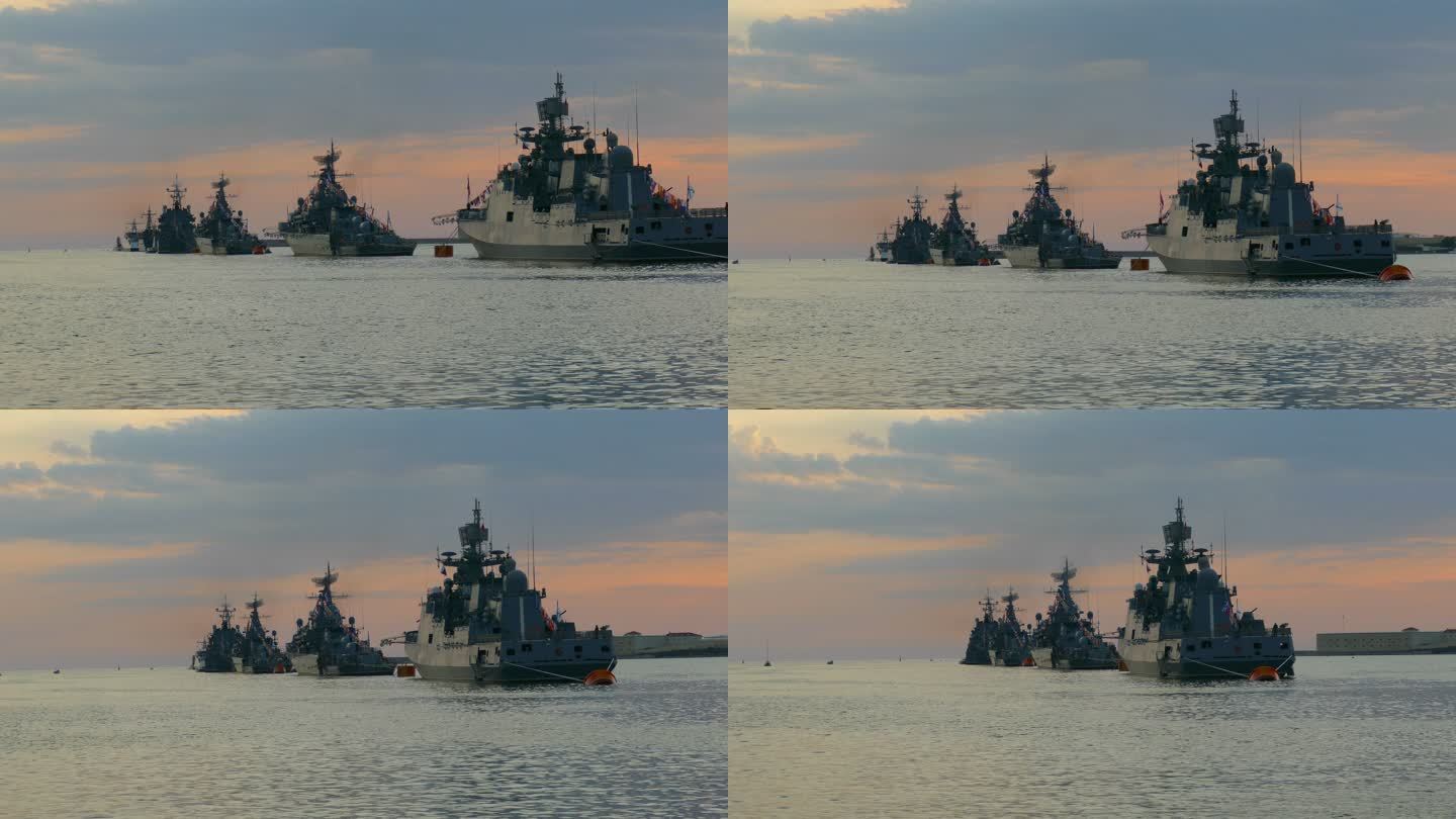 日落背景下的军舰落日大海军舰黑海