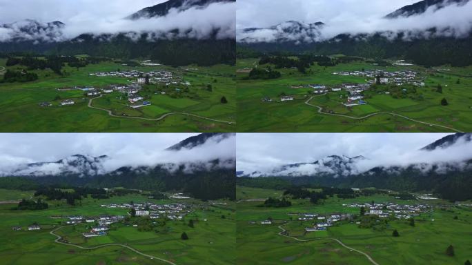 航拍雨后的鲁朗镇扎西岗村田园风光