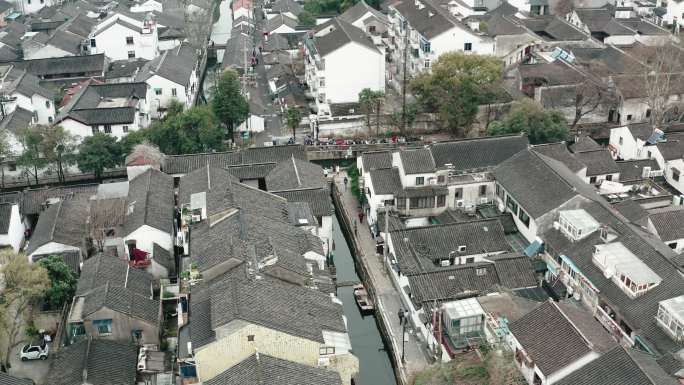 中国苏州市平江历史区的无人机视图。