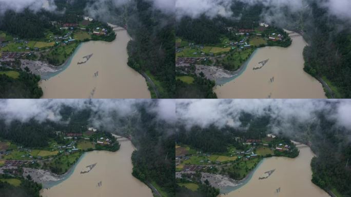 航拍雨雾天的波密岗云杉林风景