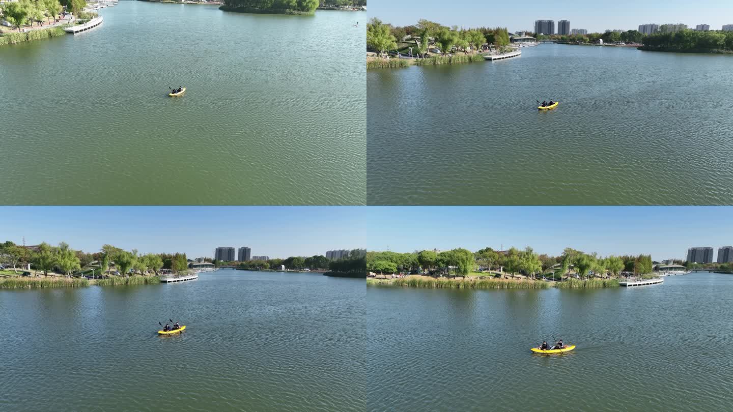 4K原素材-航拍上海远香湖皮划艇