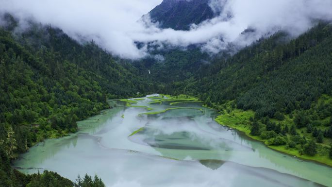 航拍川西莲花湖月亮湾湿地风景