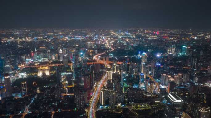 上海城市交通车流夜景航拍延时