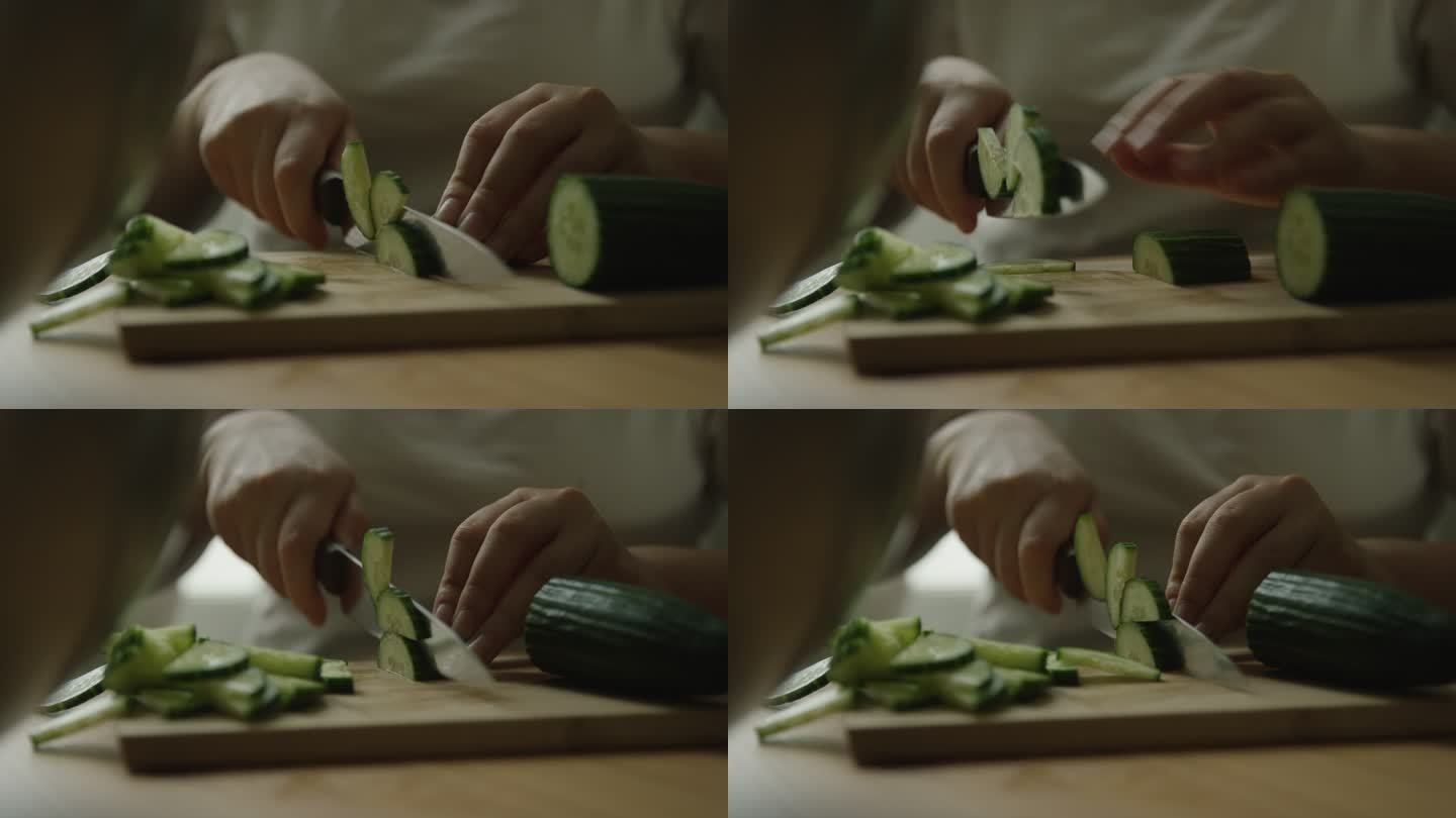 有人切黄瓜的特写镜头