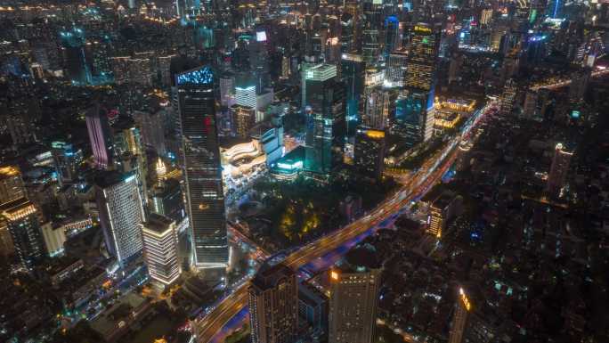 上海静安区现代商务楼夜景航拍延时