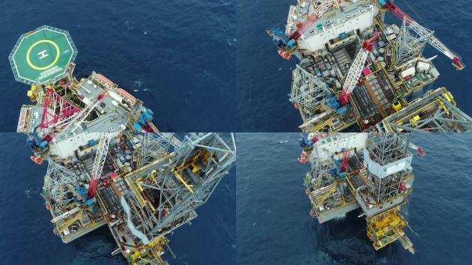 近距工作的海上石油平台的空中拍摄