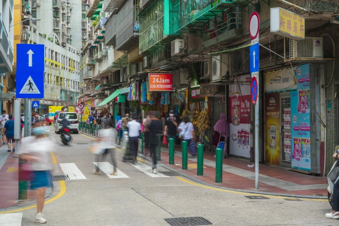 澳门街坊街道马路人流延时道路