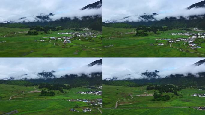 航拍雨后的鲁朗镇扎西岗村田园风光