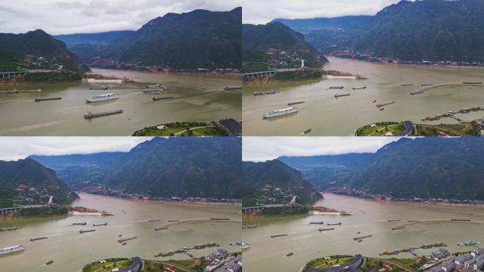 航拍长江江面繁忙的船只
