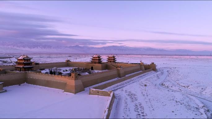 航拍雪后甘肃嘉峪关长城