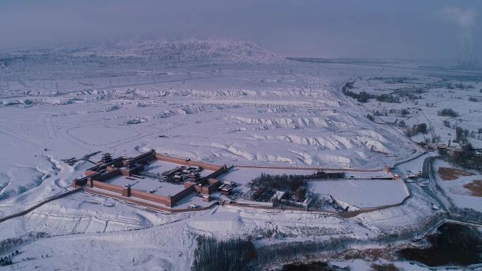 航拍雪后甘肃嘉峪关长城