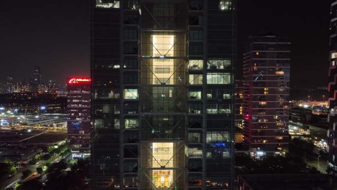 深圳南山区深圳湾建筑群夜景航拍