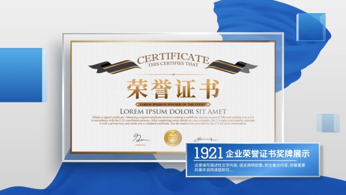 简洁丝滑蓝色荣誉证书图文包装ae模板