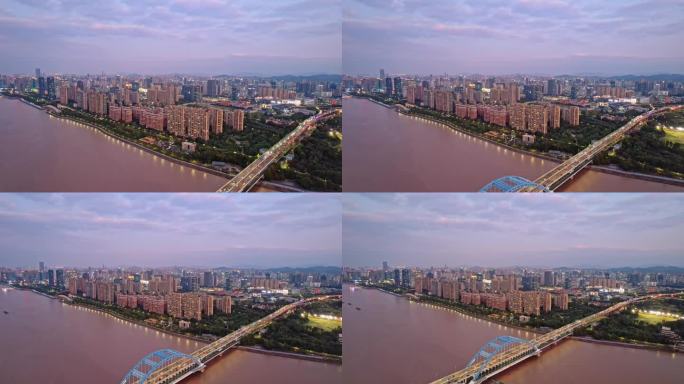航拍夕阳下杭州滨江现代办公大楼时代高架