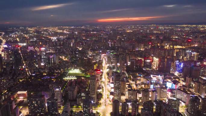 航拍西安高新区科技路夜景延时日转夜延时