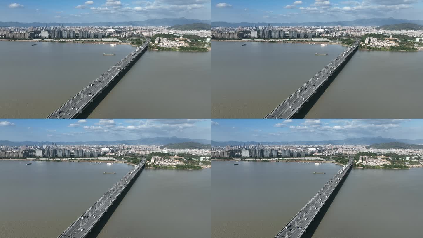 原创福州乌龙江湾边大桥公路交通运输航拍