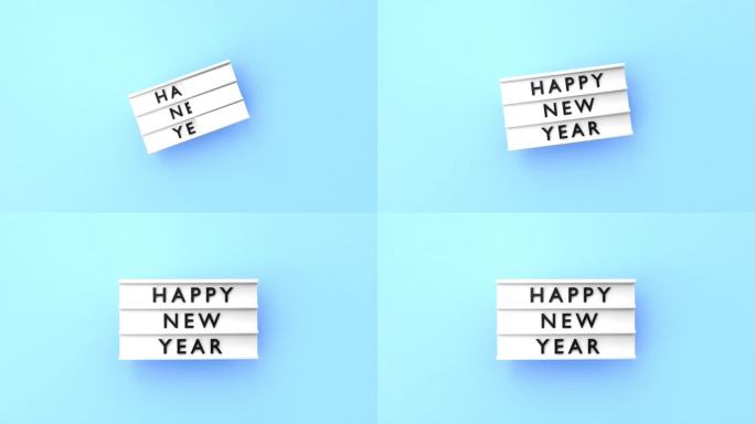 新年快乐文字显示在4K分辨率的蓝色背景灯箱上