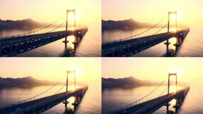 日出的海上桥梁跨海大桥阳光剪影