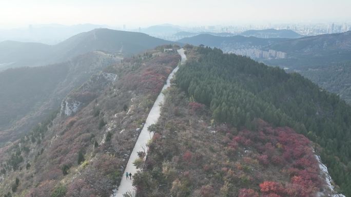 航拍济南蚰蜒山红叶