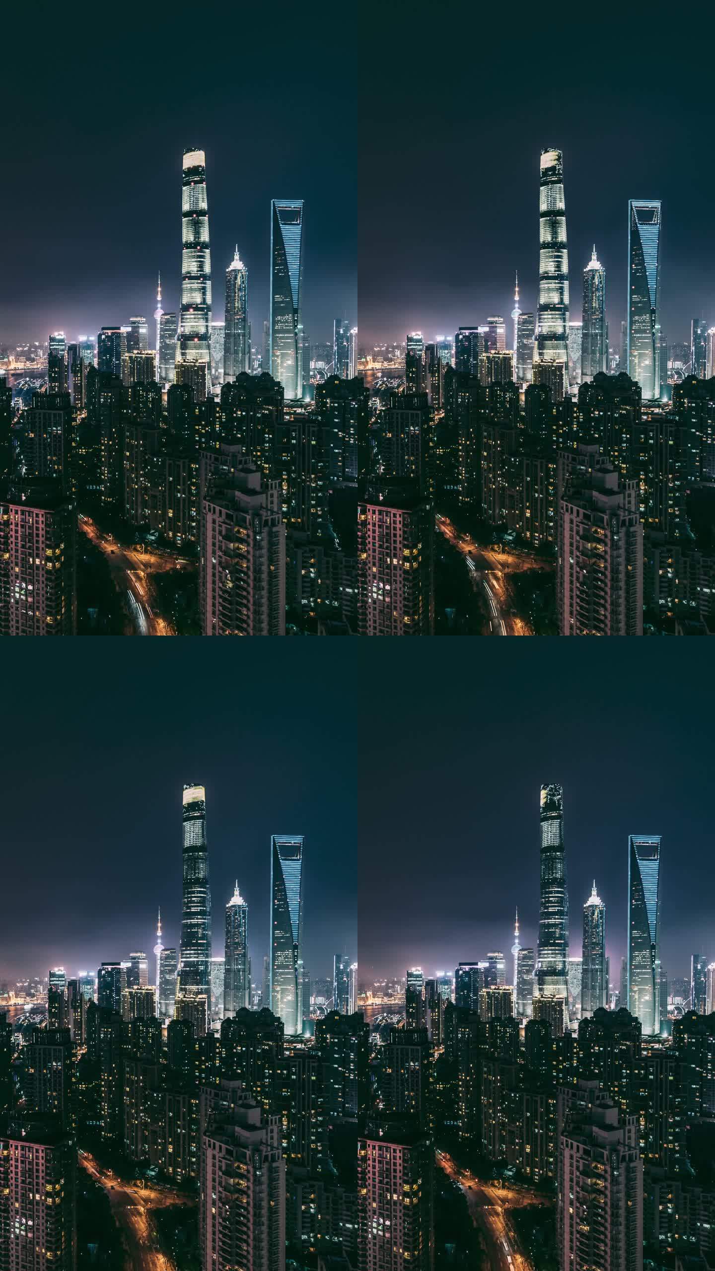 上海天际线夜间T/L鸟瞰图/中国