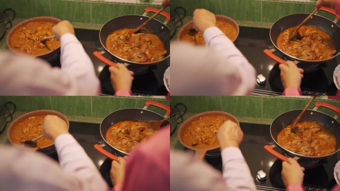 ramadan hari raya马来祖父和父亲在厨房并肩烹饪传统美食咖喱，准备家庭团圆晚餐