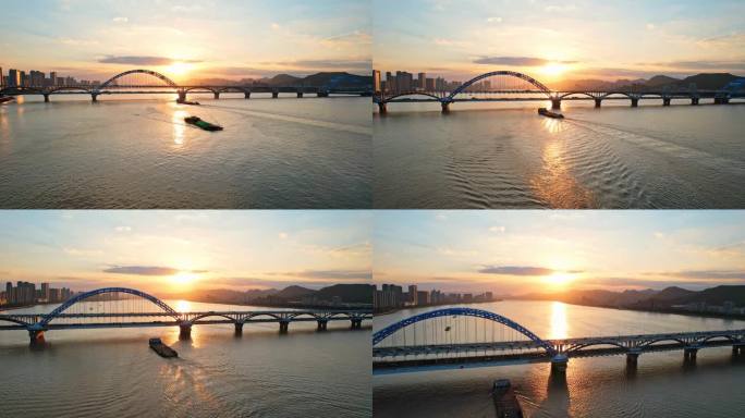 杭州 夕阳下的钱塘江 复兴大桥