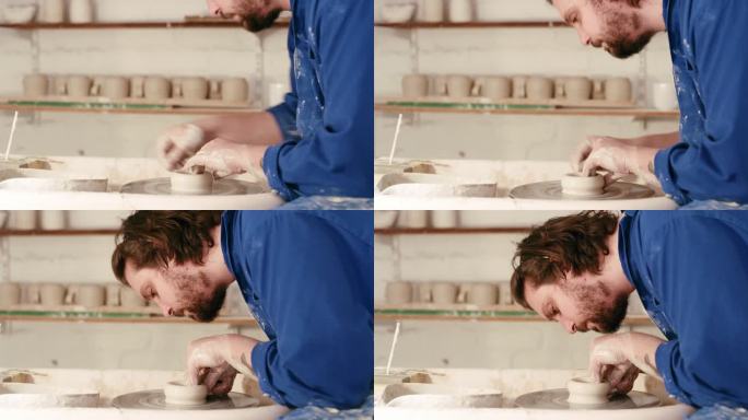 男性陶工在他的工作室里雕刻陶瓷艺术。技艺精湛的工匠享受着自己的爱好，制作手工艺品在创业企业中出售。一