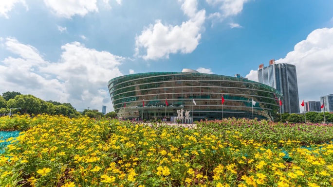 4K 东莞延时  玉兰大剧院 花海 蓝天