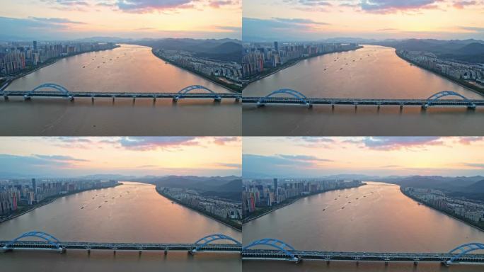 原创航拍杭州 夕阳下的钱塘江复兴大桥