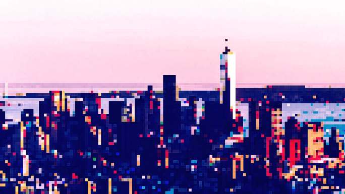 T/L像素艺术大都会，曼哈顿市中心天际线鸟瞰图