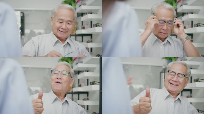 一位女性验光师正在指导一位老人。一位老人想在一家眼镜店买新眼镜。
