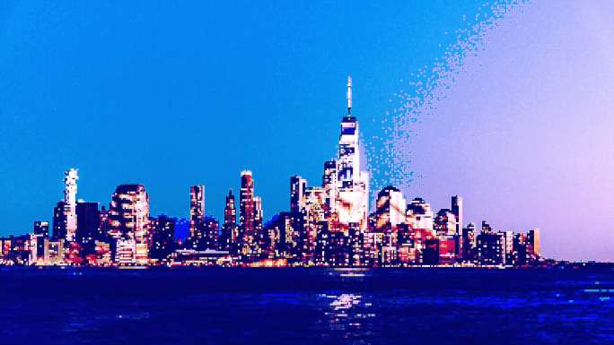 T/L像素艺术大都会，曼哈顿市中心天际线夜间鸟瞰图