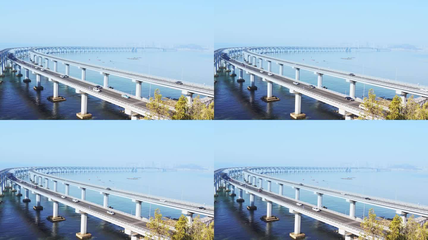 大连星海湾大桥高架航拍大桥车流环形立交