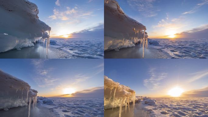青海湖冬天日出冰封湖面的延时摄影