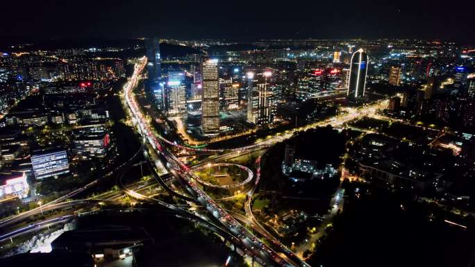 航拍杭州时代高架 恒生电子夜景