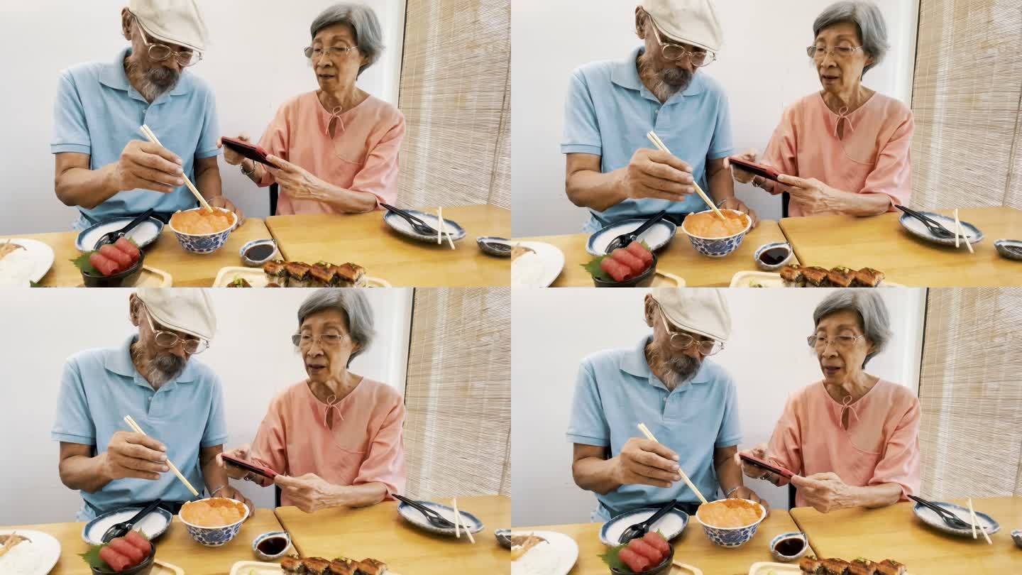 活跃的资深夫妇拍摄日本美食