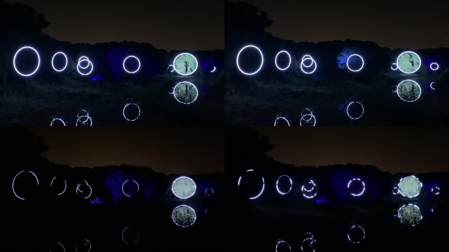 夜间灯光模拟光效水中月灯光秀