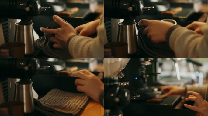 新鲜磨碎的咖啡在立式portafilter机器中加工