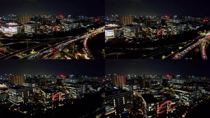 航拍杭州滨江时代高架网易夜景全景