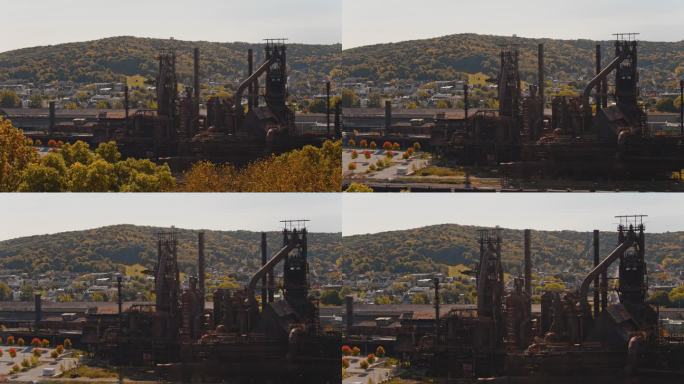 SteelStacks-宾夕法尼亚州伯利恒的历史悠久的钢铁厂。航拍无人机视频，前摄镜头动作。