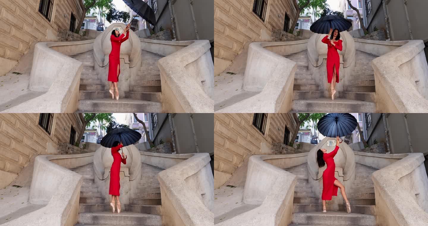 美丽的芭蕾舞演员在古老的石头楼梯上打着伞跳舞。伊斯坦布尔的卡蒙多楼梯