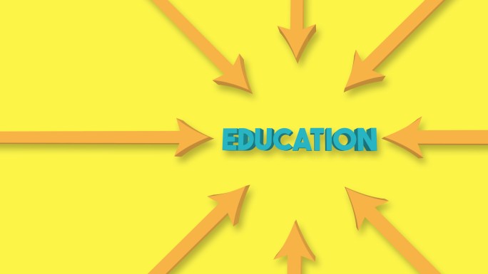 箭头指向黄色背景上的“教育”字样。4K视频动画。