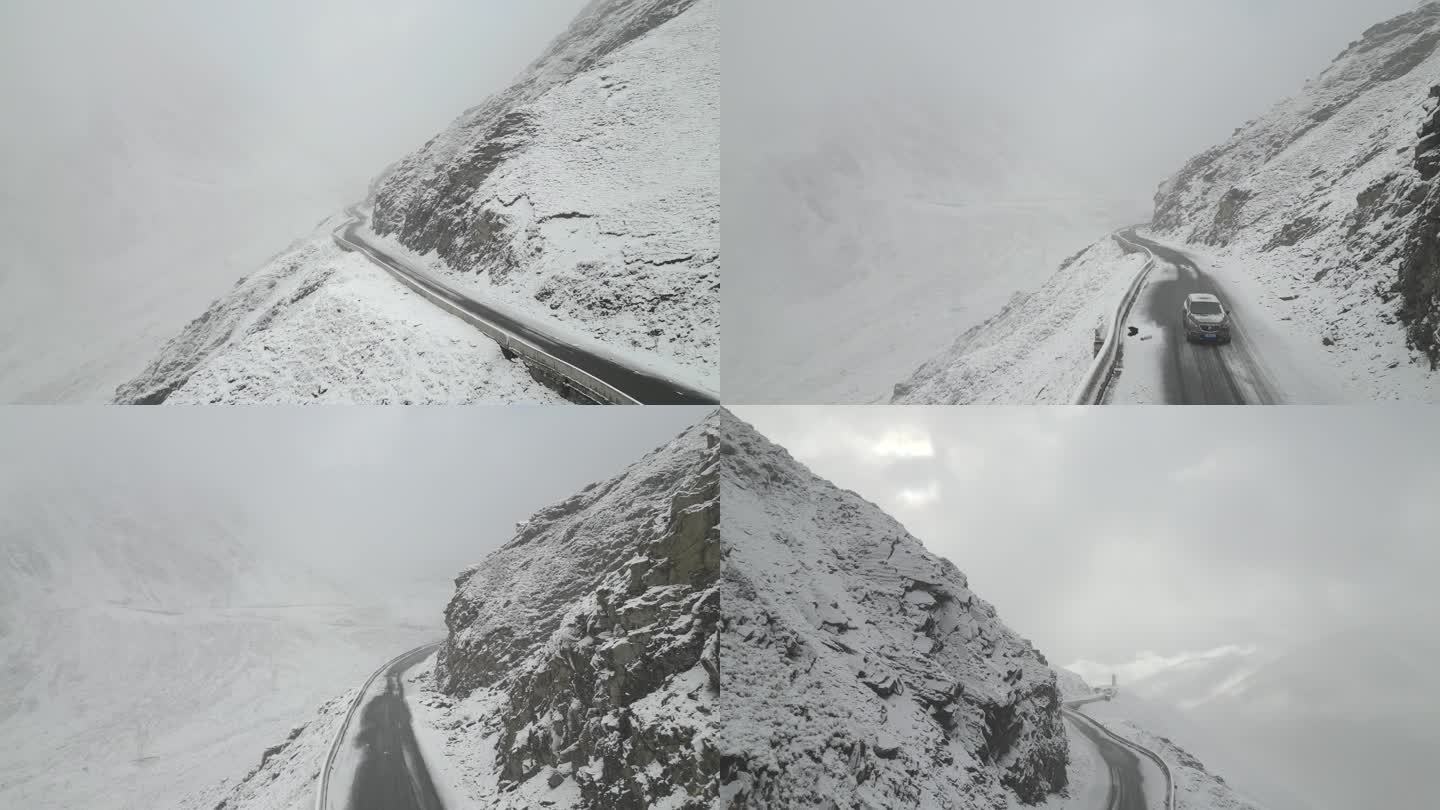 航拍雨雪中的巴朗山